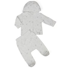 J13809:  Baby Unisex Clouds Ribbed AOP Jacket & Footed Pant Outfit (0-6 Months)